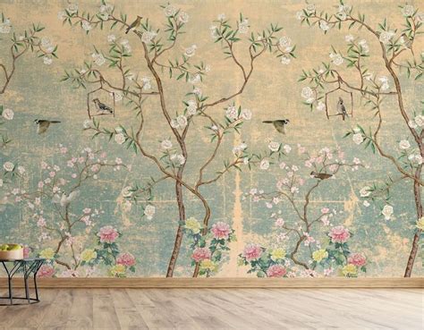 Vintage Chinoiserie Birds Wallpaper Watercolor Hand Drawn Floral