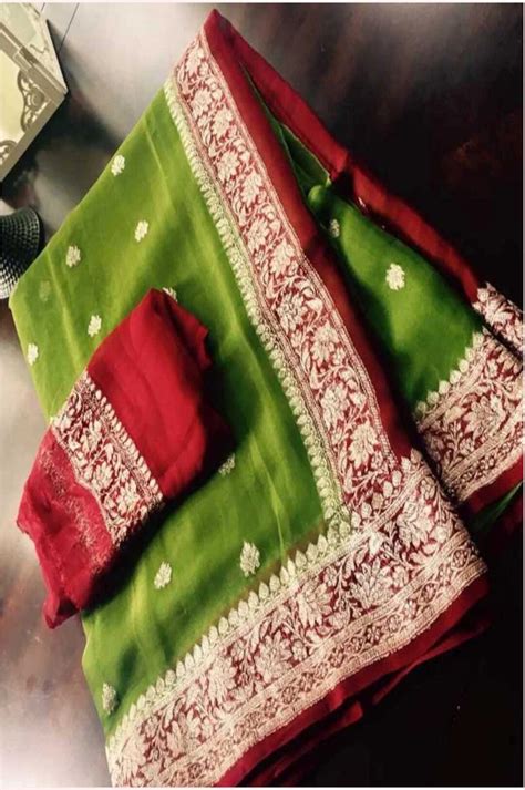 Green Exclusive Durga Puja Zari Work Pure Chiffon Banarasi Etsy