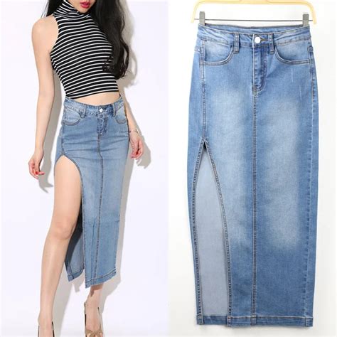 Womens Long Denim Pencil Side Slits Skirts Jeans Sexy Maxi Skirt For