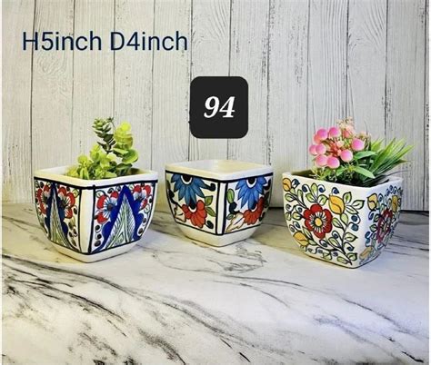 White Base Floral Printed Square Ceramic Flower Pot Set For Indoor