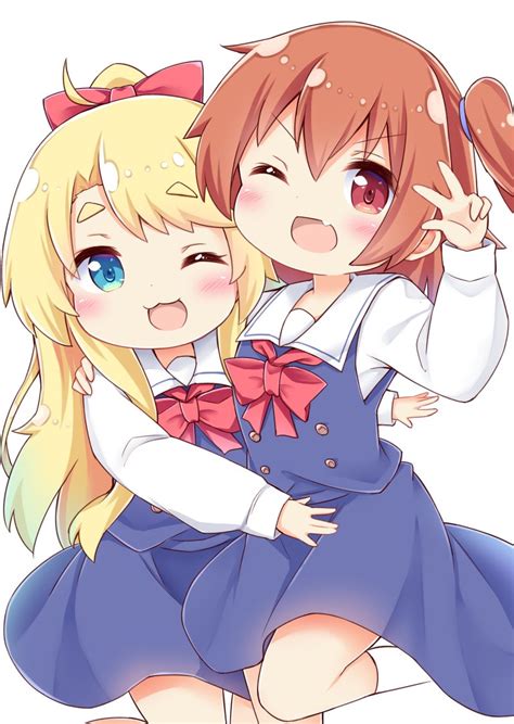 Safebooru 2girls 3 D Arm Around Shoulder Bangs Blonde Hair Blue Dress Blush Bow Brown Hair