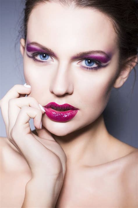 Brunette Woman With Blue Eyes Without Make Up Natural Flawless Skin