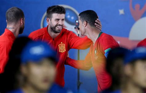 Sochi Russia June 15 Gerard Pique Of Spain Greets Cristiano Ronaldo