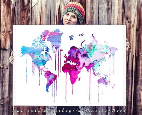 Blue Purple WATERCOLOR MAP, World Map, Watercolor Painting, Watercolor ...