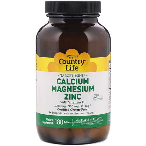 Country Life Target Mins Calcium Magnesium Zinc 1000 Mg 500 Mg 25 Mg 180 Tablets By