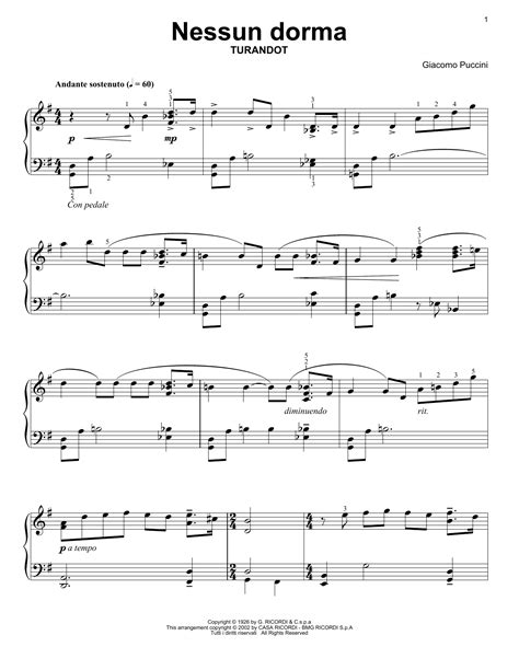 Nessun Dorma By Luciano Pavarotti Sheet Music For Easy Piano Solo At