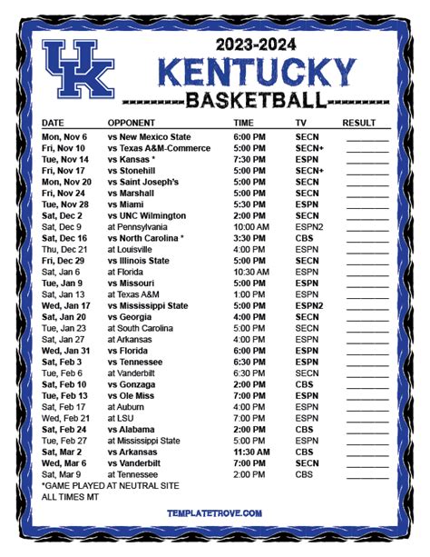 Printable 2023-2024 Kentucky Wildcats Basketball Schedule