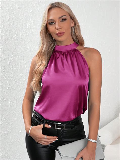 Shein Lune Solid Keyhole Back Satin Top Shein Usa