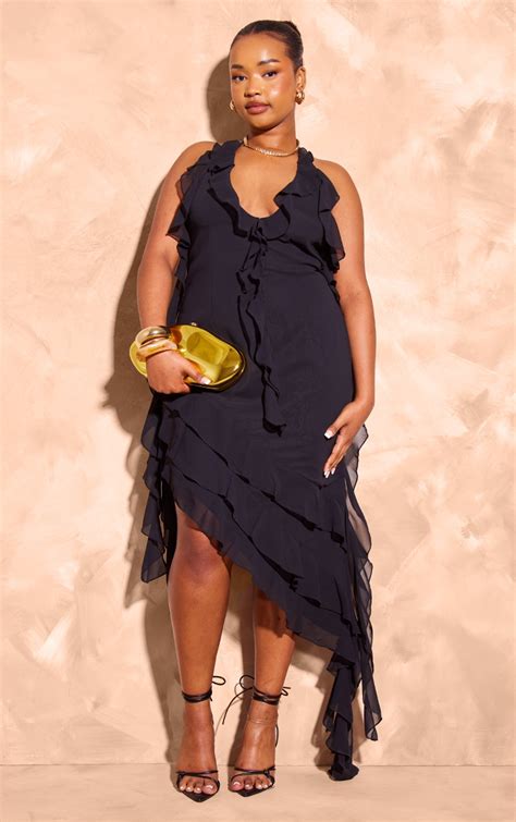 Plus Black Chiffon Frill Plunge Midaxi Dress Plus Size