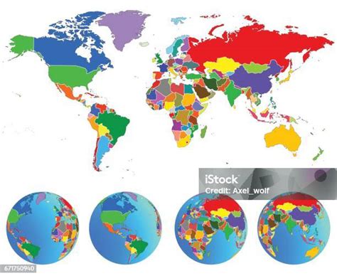 世界地圖與國家的地球儀行星地球向量向量圖形及更多世界地圖圖片 世界地圖 亞洲 側影 Istock