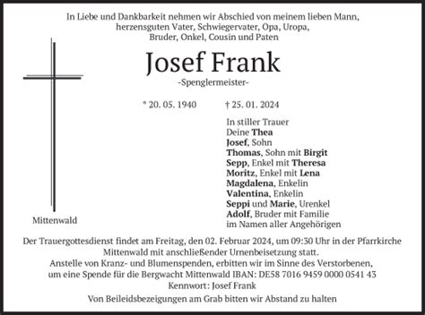 Traueranzeigen Von Josef Frank Trauer Merkur De