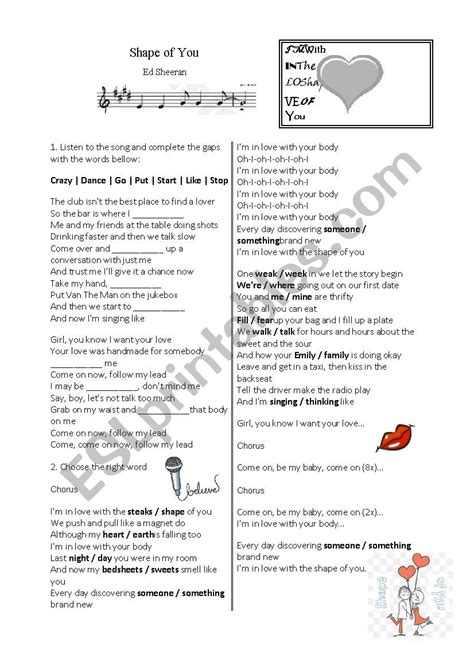 Song Shape Of You Ed Sheeran Esl Worksheet By Ferdinand