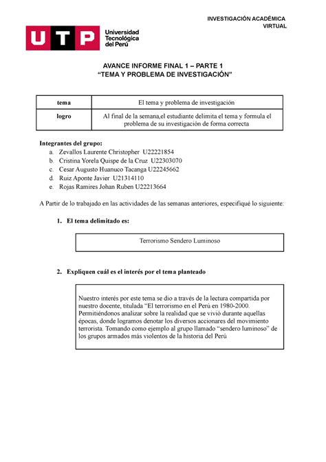 Ac S Semana Avance De Informe Final Investigaci N