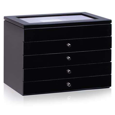 High Gloss Wooden Jewellery Box Armoire Bracelet Organizer 5 Layers Glass Black Check Out