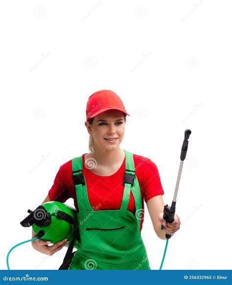 Female Pest Control Contractor Isolated On White Stock Image Image Of