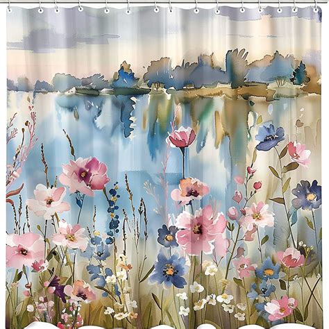 Wildflower Field And Lake Scene Watercolor Floral Shower Curtain Vintage