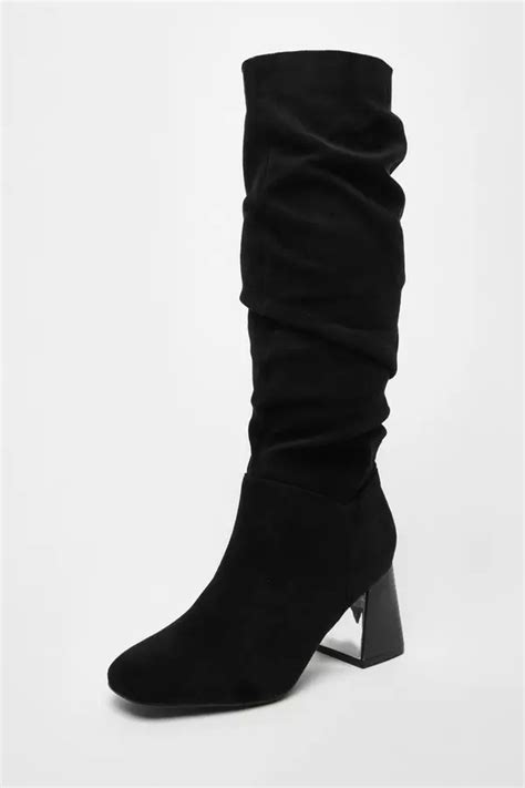 Black Faux Suede Ruched Heeled Boots Quiz Clothing