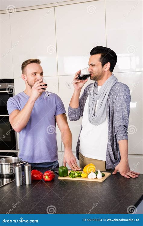 Smiling Gay Drinking Red Wine Stock Photo Image Of Cooking Kitchen