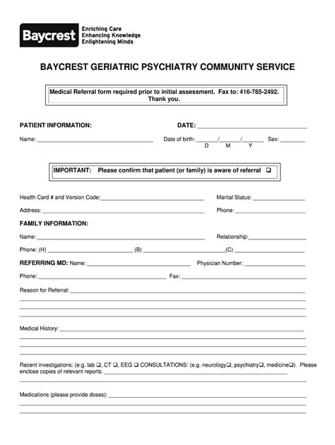 Fillable Online Torontocentralhealthline Baycrest Geriatric Psychiatry