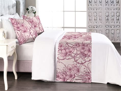 Sakura Bed Runner Set Nude Color Palette Drawn Cherry Blossom Pattern