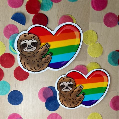 Cute Sloth Stickers Sloths Hugging Rainbow Heart Stickers Etsy