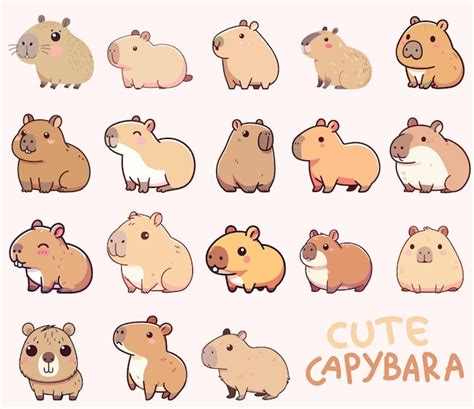 Set Collection Cute Kawaii Chibi Mascot Capybara Rodent Vector