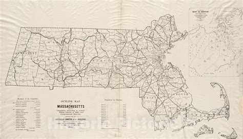 Historical Map, Outline map of Massachusetts showing population accord - Historic Pictoric