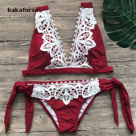 Kakaforsa Sexy Lace Bikini Set Swimsuit Push Up Swimwear Women 2019 Summer Bandage Bottom Beach