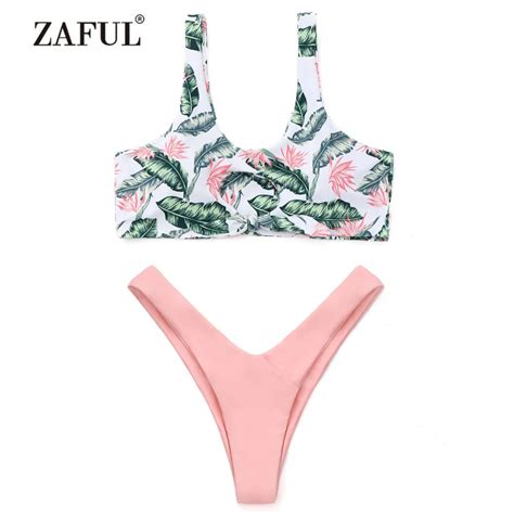 Zaful 2018 New Swimwear Leaf Print Knotted Thong Bikini Women Swimsuit