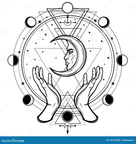 Dibujo Místico Las Manos Humanas Sostienen La Luna Geometría Sagrada