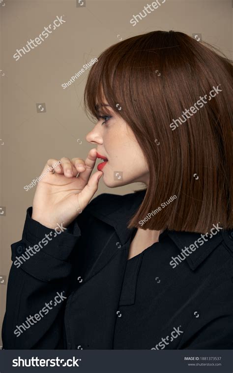 Smiling Brunette Black Coat Smile Posing Stock Photo 1881373537