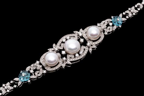 14k White Gold Baroque Revival Pearl And Diamond Bracelet With Blue Topaz Flower For Sale At