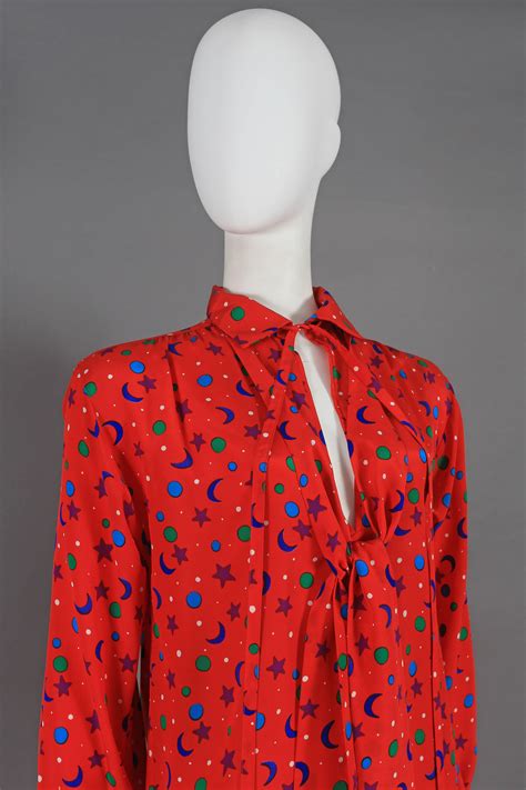 Yves Saint Laurent Silk Star And Moon Print Pussy Bow Blouse Circa At StDibs