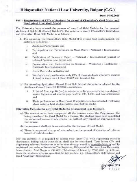 Requirements Of Cvs Of Students For Award Of Chancellors Gold Medal And