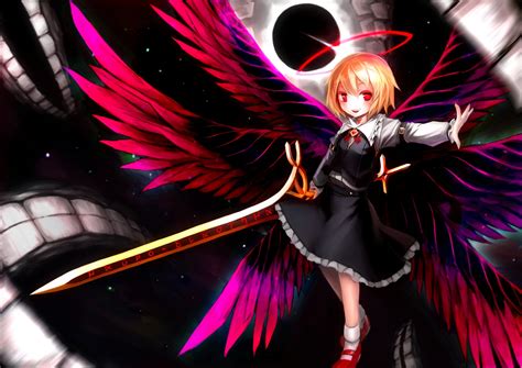 Blonde Hair Ex Rumia Halo Red Eyes Rumia Short Hair Socks Spark Sword Touhou Weapon Wings