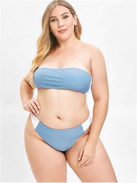 33 OFF 2021 ZAFUL Color Block Bandeau Plus Size Bikini Set In BLUE