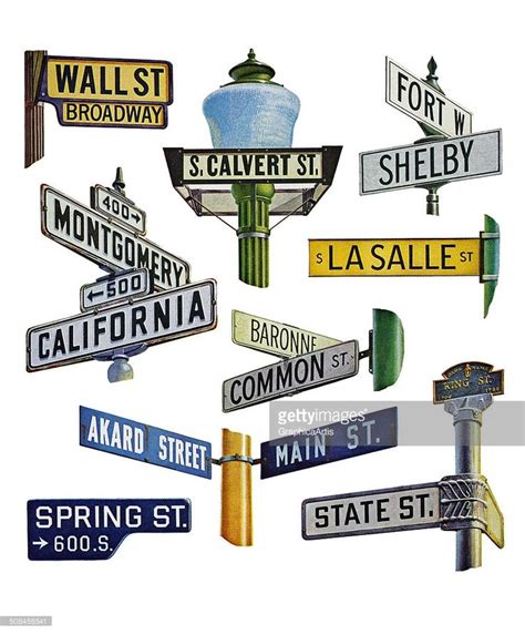 Vintage Illustration Of Street Signs All From Famous Cities In The