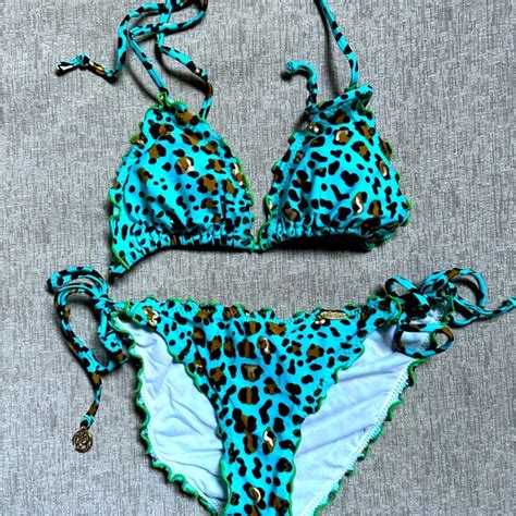 Lili Fama Swim Luli Fama String Bikini Top And Bottom Aqua With Metallic Gold And Black