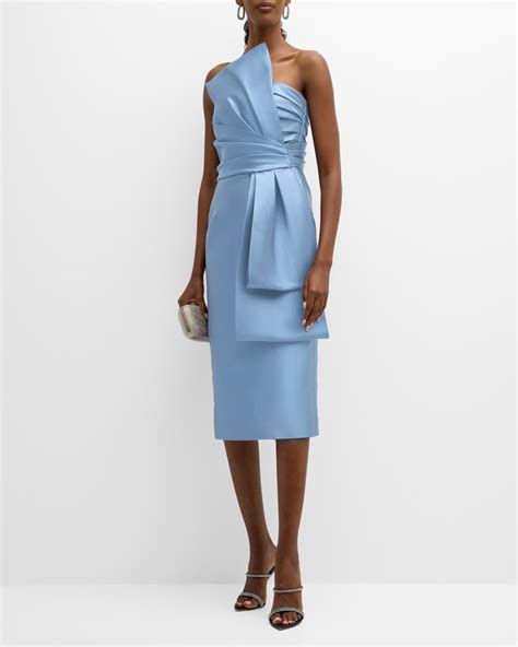 Alberta Ferretti Bow Strapless Satin Dress In Light Blue Modesens