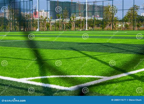 Close Up Of The Goal And Touchline Of A Brand New Football Stadium