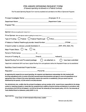 Fillable Online Research Utmb Pre Award Spending Request Form The