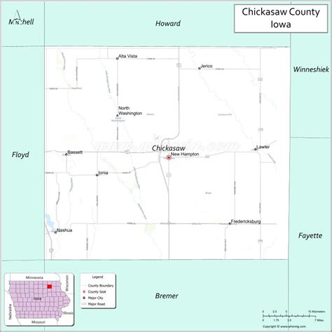 Map of Chickasaw County, Iowa showing cities, highways & important ...