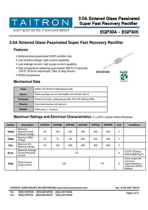 EGP30D TAITRON Rectifier Hoja de datos Ficha técnica Distribuidor