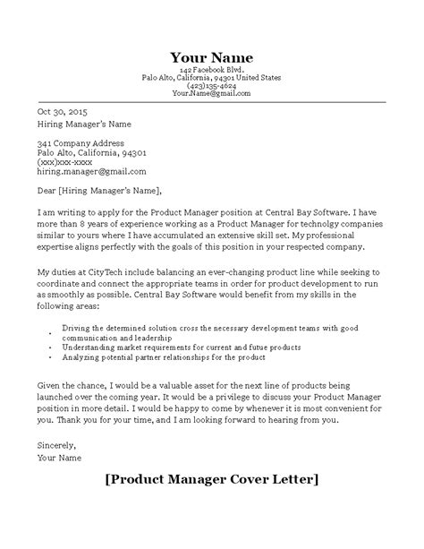 11 Sample Product Manager Cover Letter Cover Letter Example Cover