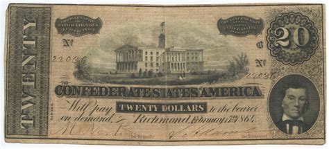 1864 20 Twenty Dollars Confederate States Of America Richmond Csa Bank