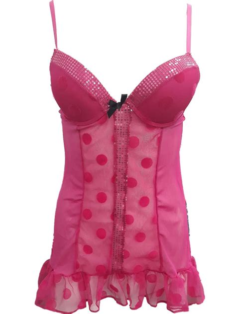 Women Hot Pink Sequin Polka Dot Chemise Nightie Nightgown Lingerie