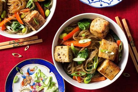 Salt And Pepper Tofu Stir Fry With Glass Noodles Edamame And Spinach