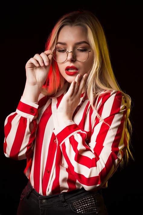 Glorious Blonde Lady Wearing Glasses Dressed In Trendy Blouse Stock Photo Image Of Female