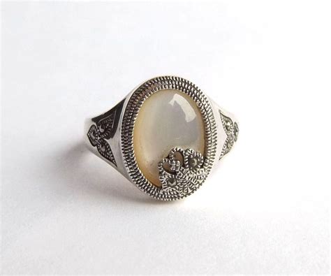 Sterling Silver Mother Of Pearl Marcasite Ring UK Size R Etsy