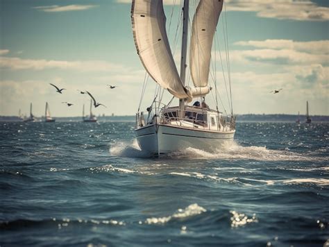 Premium Photo A Sailboat With A White Sail And A Blue Sky With Birds